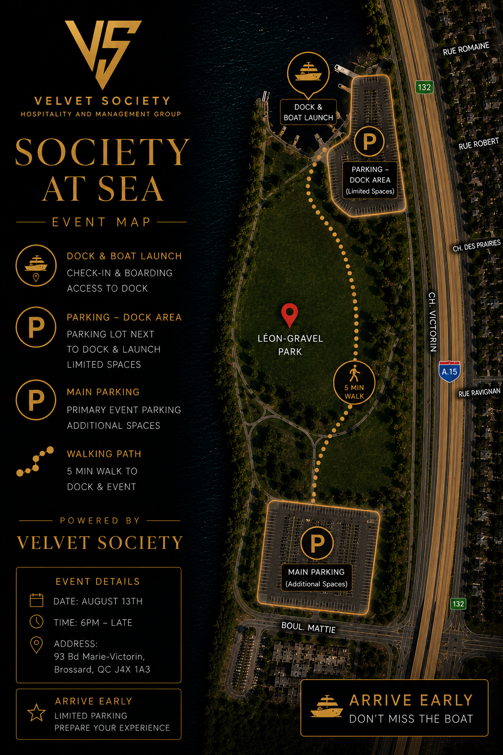 Society at Sea event map — Léon-Gravel Park, Brossard: dock, parking areas and walking path